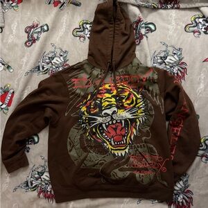Ed Hardy Brown Hoodie with Tiger Graphic